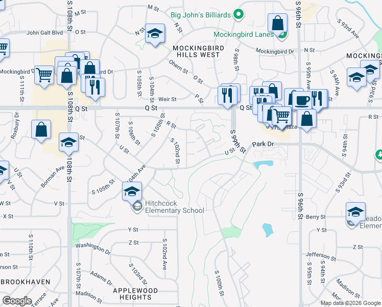 map of restaurants, bars, coffee shops, grocery stores, and more near 10015 T Plaza in Omaha