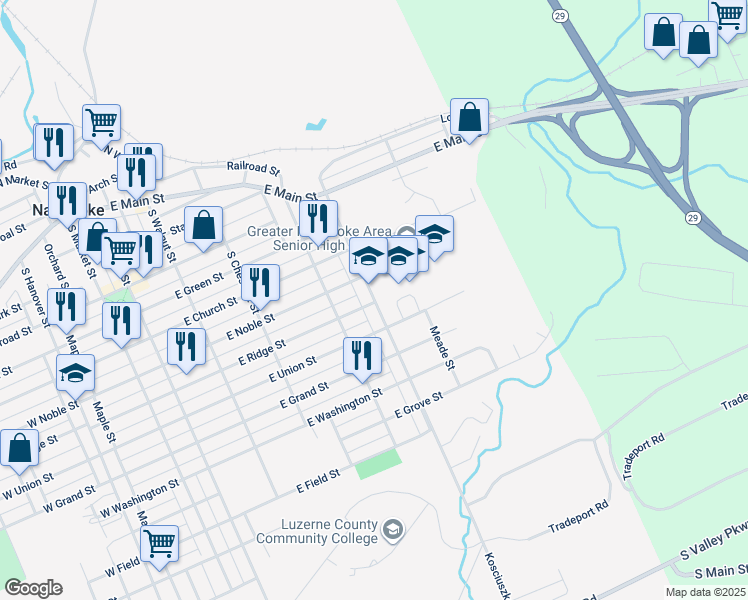 map of restaurants, bars, coffee shops, grocery stores, and more near 601 Kosciuszko Street in Nanticoke