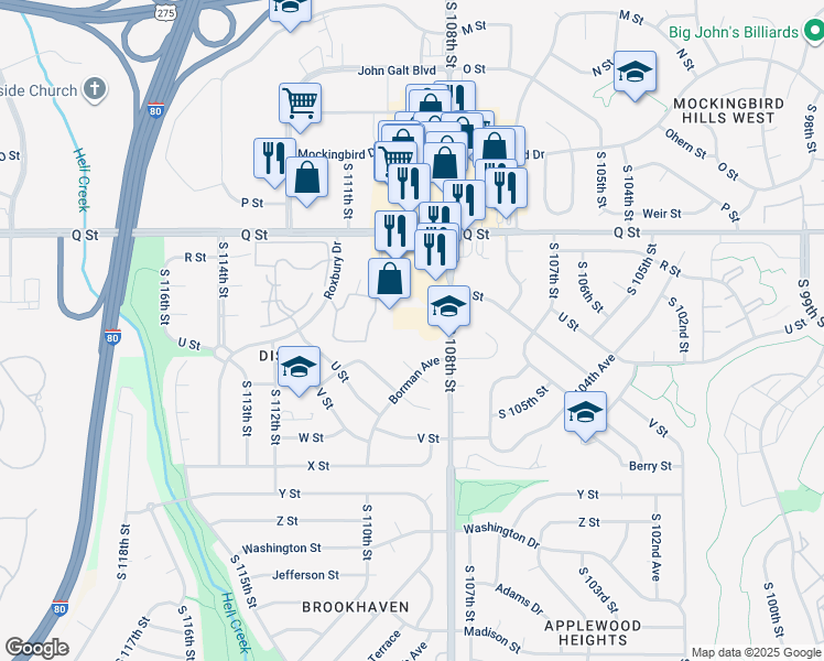 map of restaurants, bars, coffee shops, grocery stores, and more near 5728 South 108th Street in Omaha