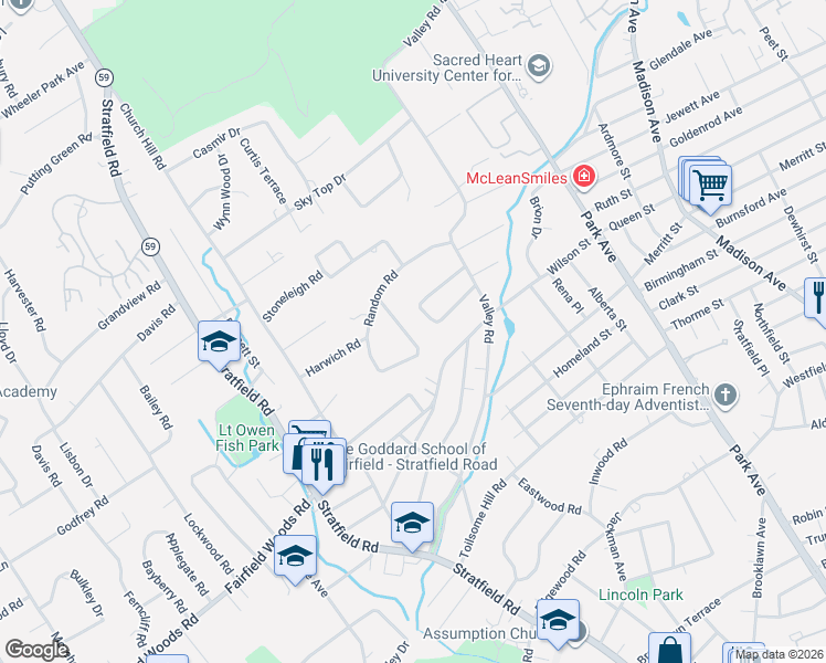 map of restaurants, bars, coffee shops, grocery stores, and more near 101 Chatham Road in Fairfield