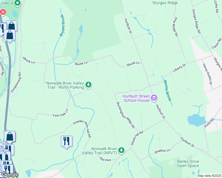 map of restaurants, bars, coffee shops, grocery stores, and more near 77 Buckingham Ridge Road in Wilton