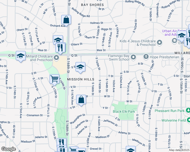 map of restaurants, bars, coffee shops, grocery stores, and more near 5508 South 165th Street in Omaha