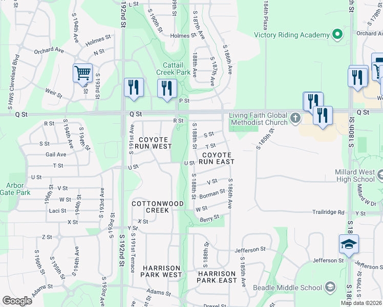 map of restaurants, bars, coffee shops, grocery stores, and more near 18814 U Street in Omaha