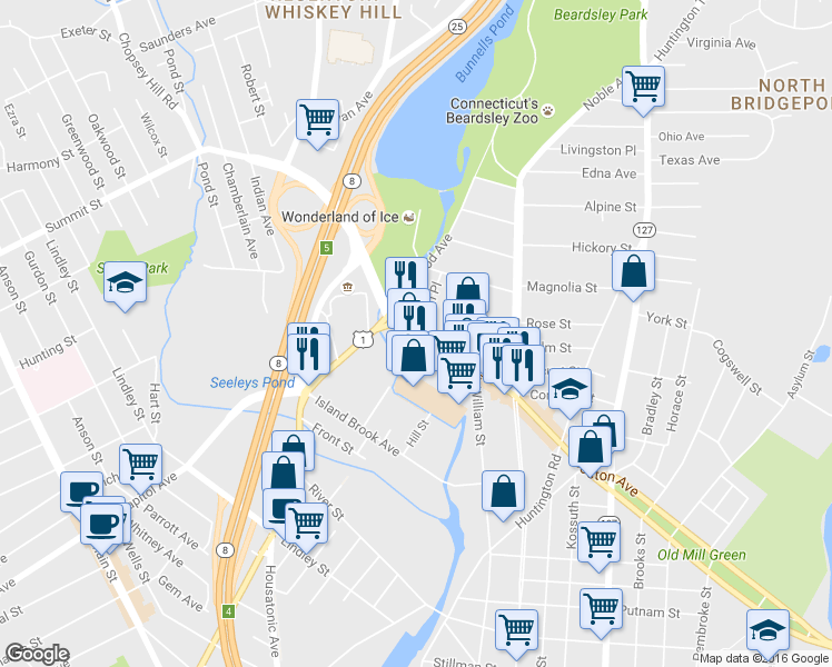 map of restaurants, bars, coffee shops, grocery stores, and more near 59 U.S. 1 in Bridgeport