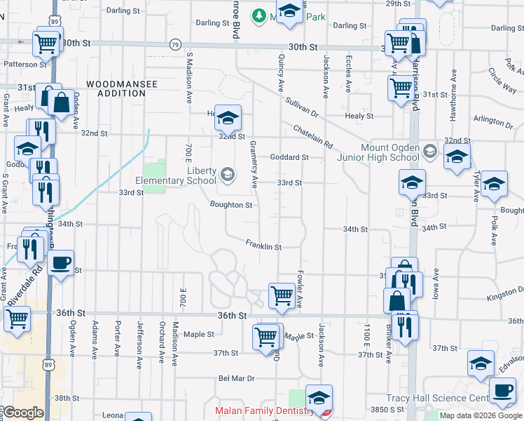 map of restaurants, bars, coffee shops, grocery stores, and more near 3369 Gramercy Avenue in Ogden