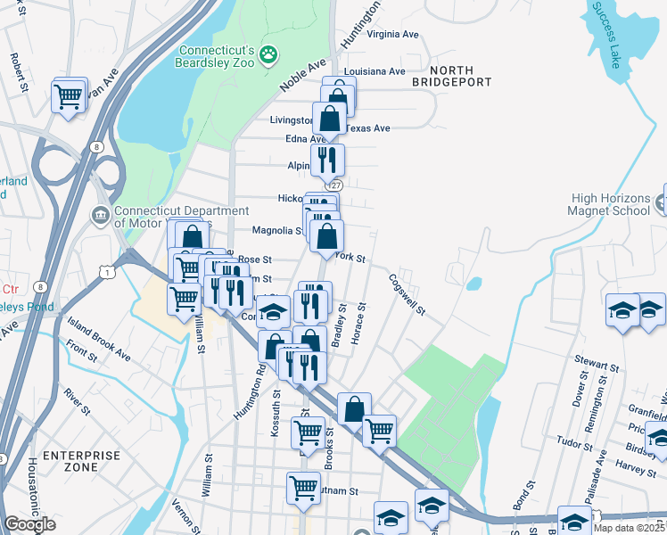 map of restaurants, bars, coffee shops, grocery stores, and more near 2018 East Main Street in Bridgeport