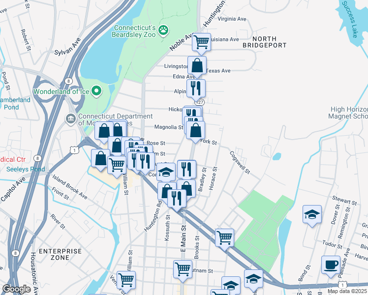 map of restaurants, bars, coffee shops, grocery stores, and more near 698 Huntington Road in Bridgeport