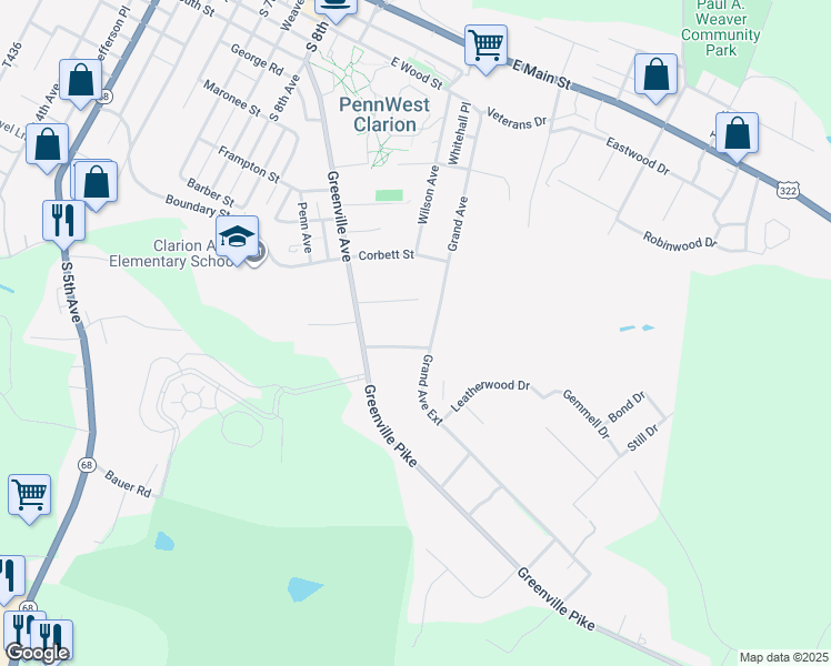 map of restaurants, bars, coffee shops, grocery stores, and more near 999 Heidrick Street in Clarion