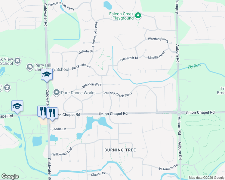 map of restaurants, bars, coffee shops, grocery stores, and more near 1420 Crooked Creek Parkway in Fort Wayne