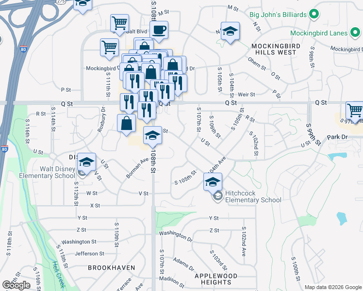 map of restaurants, bars, coffee shops, grocery stores, and more near 10723 Borman Circle in Omaha