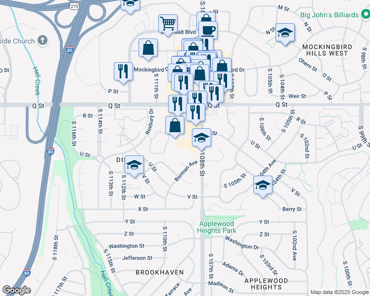 map of restaurants, bars, coffee shops, grocery stores, and more near 10812 Borman Avenue in Omaha