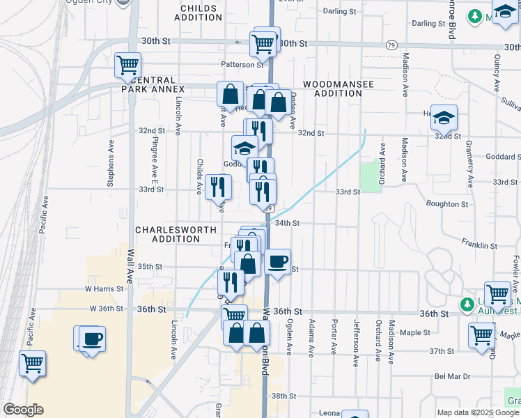 map of restaurants, bars, coffee shops, grocery stores, and more near 358 34th Street in Ogden