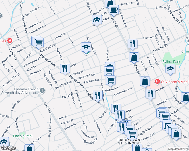 map of restaurants, bars, coffee shops, grocery stores, and more near 682 Fairview Avenue in Bridgeport