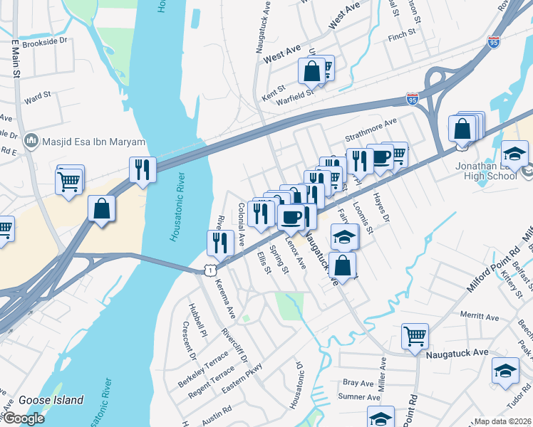 map of restaurants, bars, coffee shops, grocery stores, and more near 29 Ormond Street in Milford