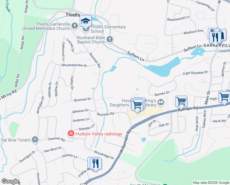 map of restaurants, bars, coffee shops, grocery stores, and more near 26 Crescent Drive in Thiells