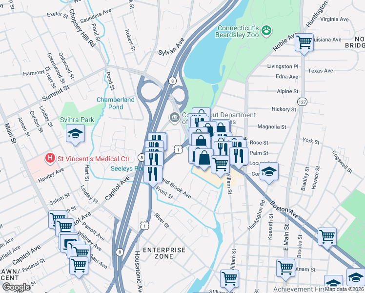 map of restaurants, bars, coffee shops, grocery stores, and more near 33 North Avenue in Bridgeport
