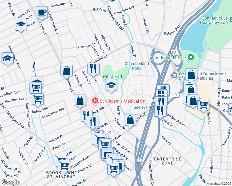 map of restaurants, bars, coffee shops, grocery stores, and more near 130 Ezra Street in Bridgeport