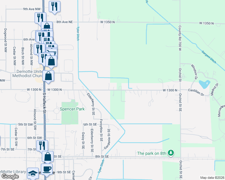 map of restaurants, bars, coffee shops, grocery stores, and more near 718 East Division Road in De Motte