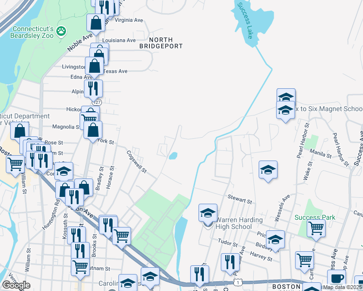 map of restaurants, bars, coffee shops, grocery stores, and more near 575 Asylum Street in Bridgeport