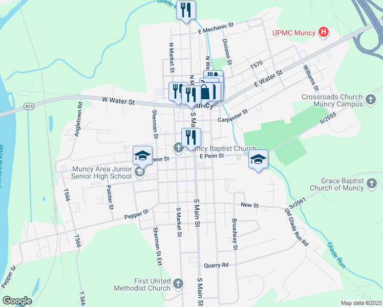 map of restaurants, bars, coffee shops, grocery stores, and more near 128 South Main Street in Muncy