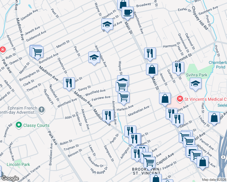 map of restaurants, bars, coffee shops, grocery stores, and more near 294 Amsterdam Avenue in Bridgeport