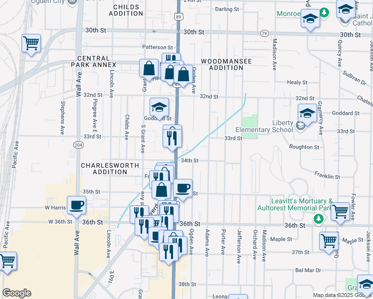 map of restaurants, bars, coffee shops, grocery stores, and more near 400 34th Street in Ogden
