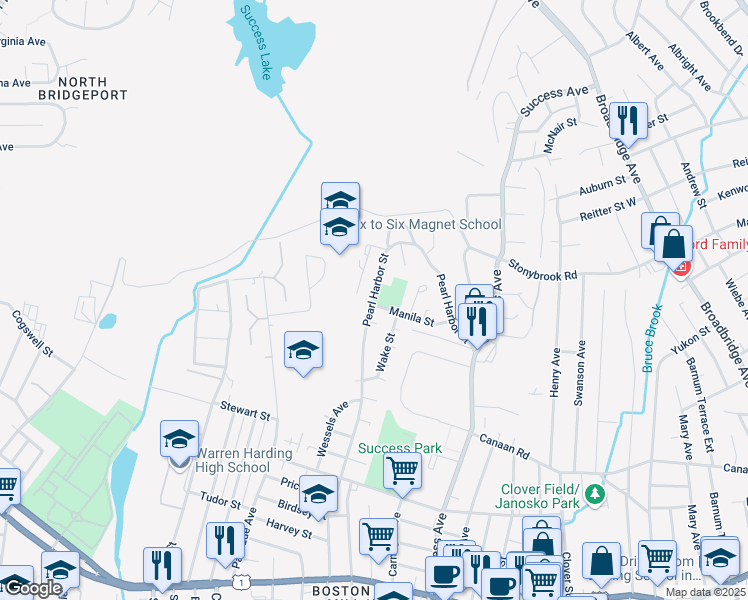 map of restaurants, bars, coffee shops, grocery stores, and more near 431 Pearl Harbor Street in Bridgeport