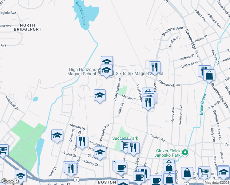 map of restaurants, bars, coffee shops, grocery stores, and more near 431 Pearl Harbor Street in Bridgeport