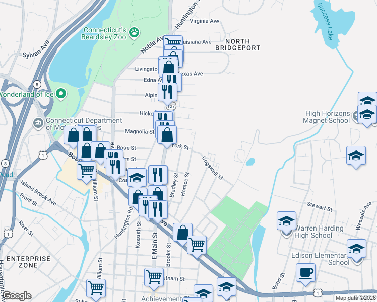map of restaurants, bars, coffee shops, grocery stores, and more near 271 Horace Street in Bridgeport