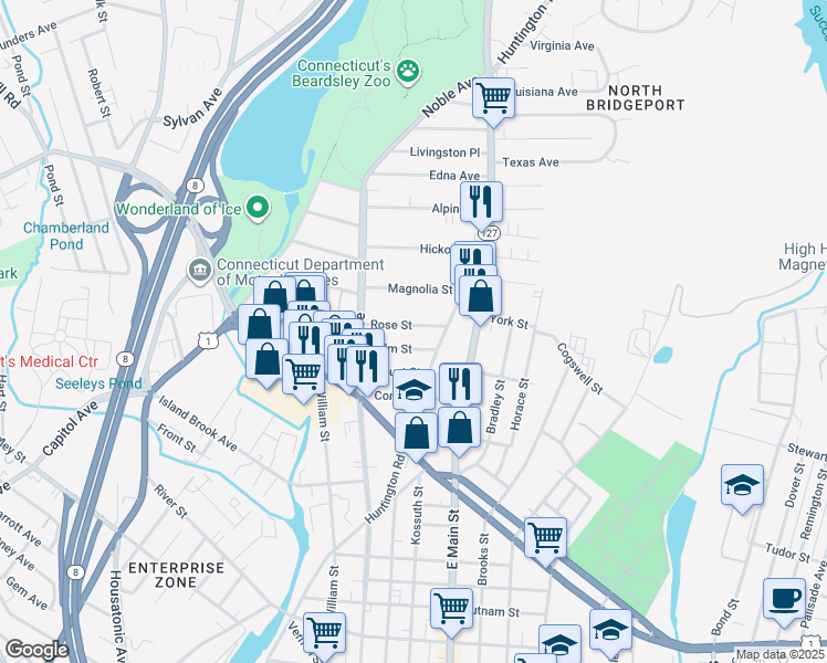 map of restaurants, bars, coffee shops, grocery stores, and more near 98 Palm Street in Bridgeport