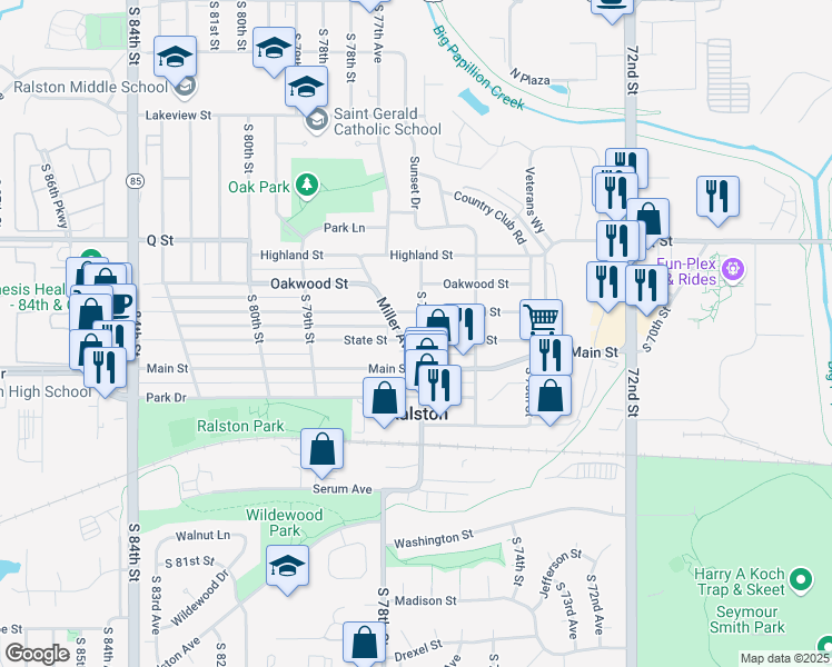 map of restaurants, bars, coffee shops, grocery stores, and more near in Ralston