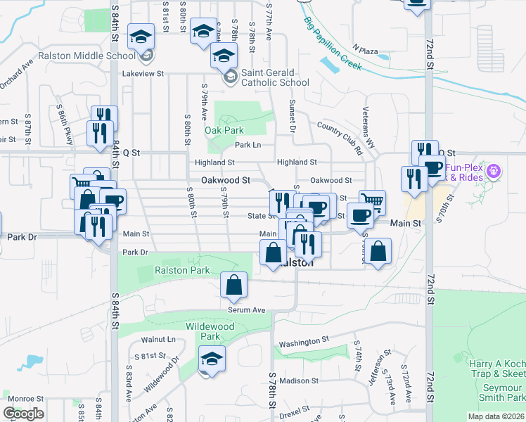 map of restaurants, bars, coffee shops, grocery stores, and more near 7749 State Street in Ralston