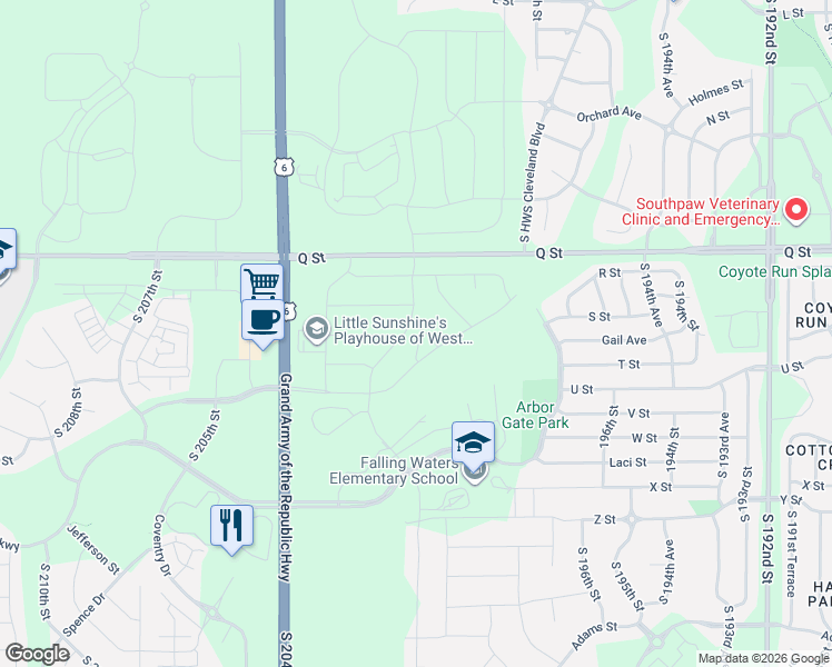map of restaurants, bars, coffee shops, grocery stores, and more near 19813-20317 Q Street in Omaha