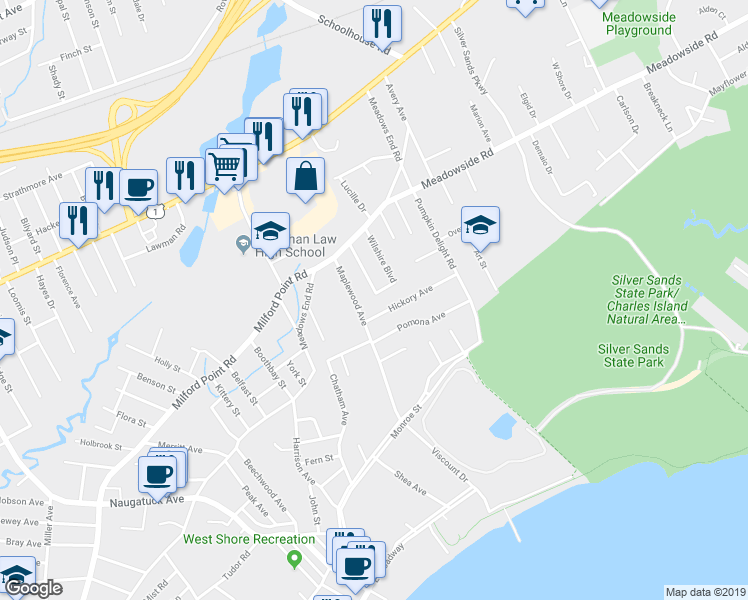 map of restaurants, bars, coffee shops, grocery stores, and more near 24 Midway Avenue in Milford
