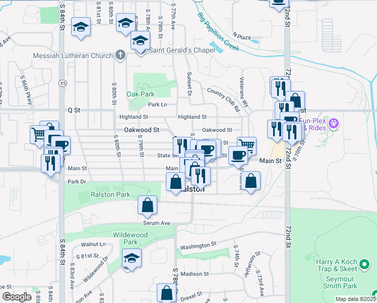map of restaurants, bars, coffee shops, grocery stores, and more near 5450 South 77th Street in Ralston