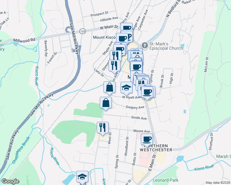 map of restaurants, bars, coffee shops, grocery stores, and more near 93 Gregory Avenue in Mount Kisco