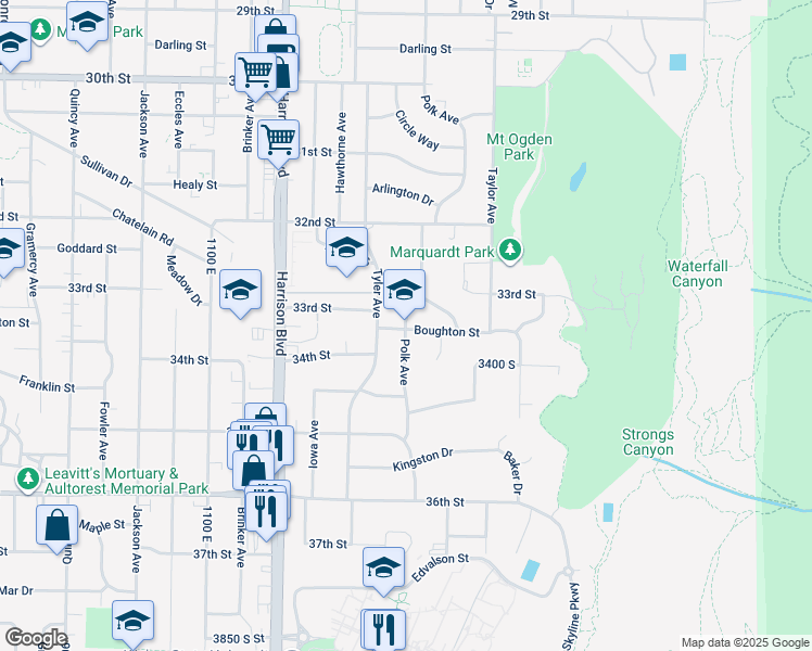 map of restaurants, bars, coffee shops, grocery stores, and more near 3370 Polk Avenue in Ogden