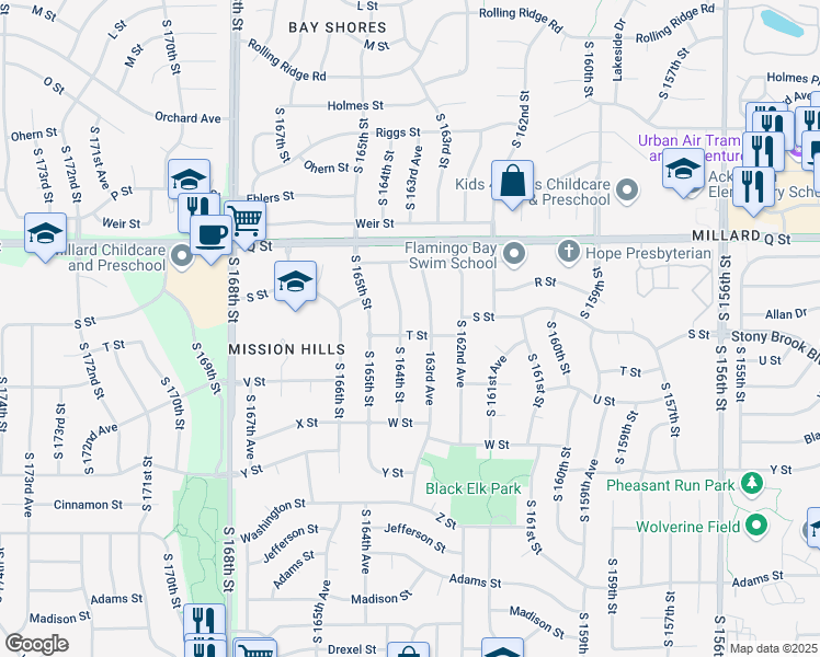 map of restaurants, bars, coffee shops, grocery stores, and more near 5508 South 164th Street in Omaha