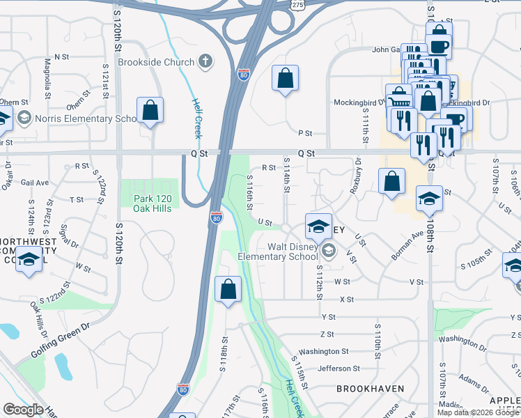 map of restaurants, bars, coffee shops, grocery stores, and more near 11419 T Circle in Omaha
