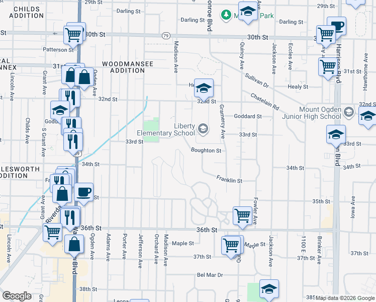 map of restaurants, bars, coffee shops, grocery stores, and more near 765 Boughton Street in Ogden