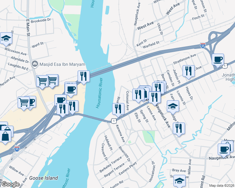 map of restaurants, bars, coffee shops, grocery stores, and more near 44 Riverside Drive in Milford