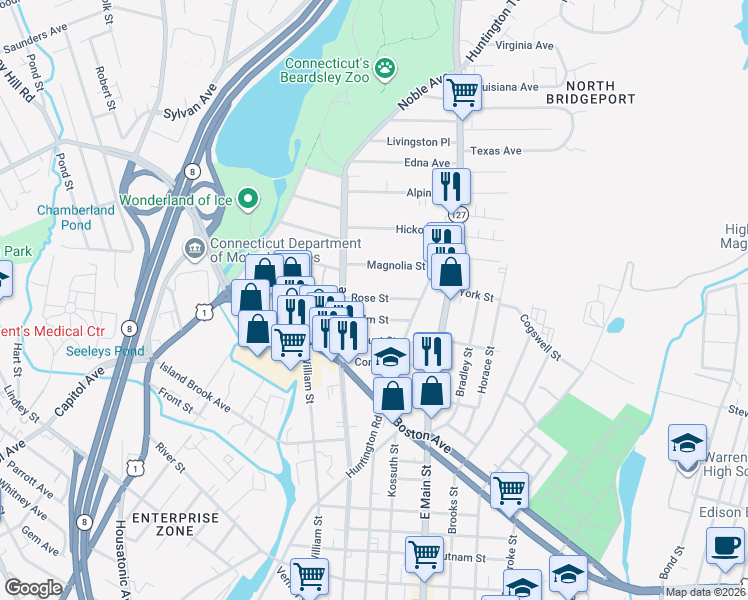 map of restaurants, bars, coffee shops, grocery stores, and more near 98 Palm Street in Bridgeport