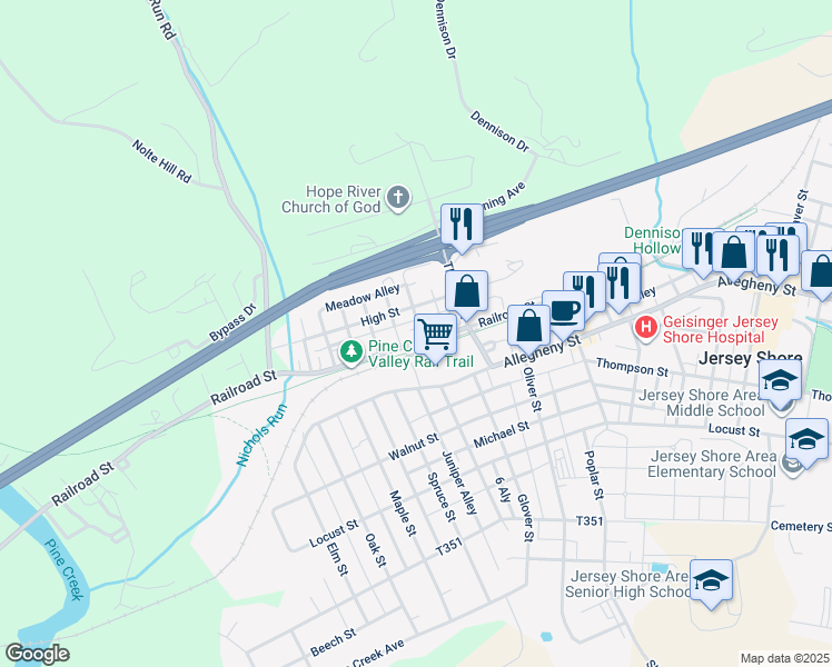 map of restaurants, bars, coffee shops, grocery stores, and more near 1440 Allegheny Street in Jersey Shore