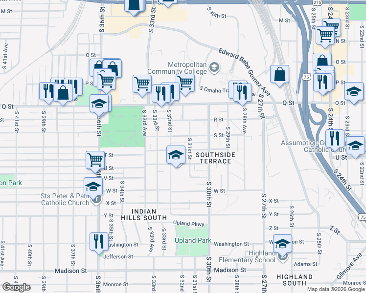map of restaurants, bars, coffee shops, grocery stores, and more near 5514 South 31st Street in Omaha