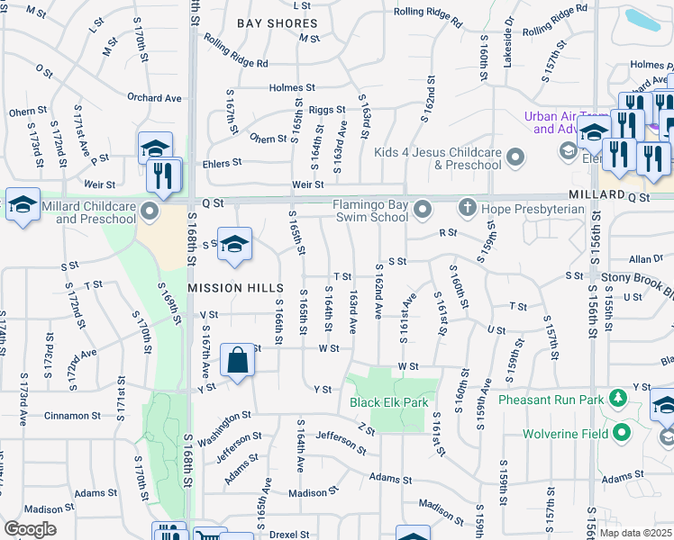 map of restaurants, bars, coffee shops, grocery stores, and more near 5508 South 164th Street in Omaha