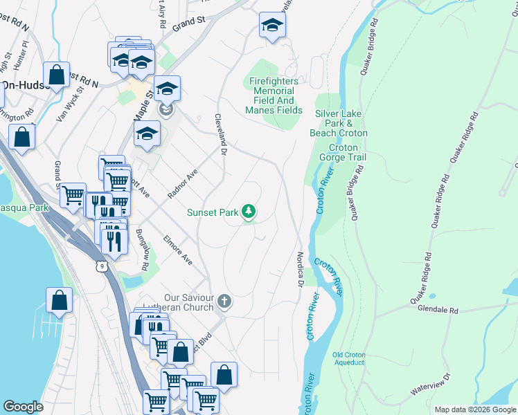 map of restaurants, bars, coffee shops, grocery stores, and more near 2 Observatory Drive in Croton-on-Hudson