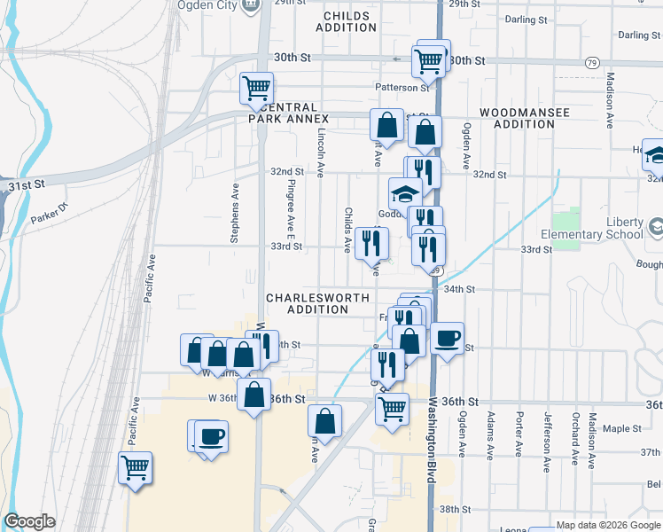 map of restaurants, bars, coffee shops, grocery stores, and more near 204 34th Street in Ogden