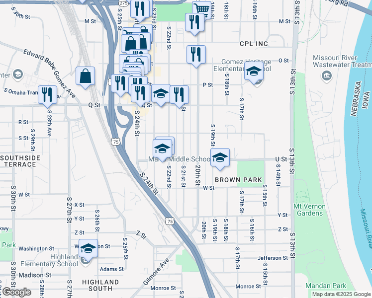 map of restaurants, bars, coffee shops, grocery stores, and more near 5427 South 21st Street in Omaha