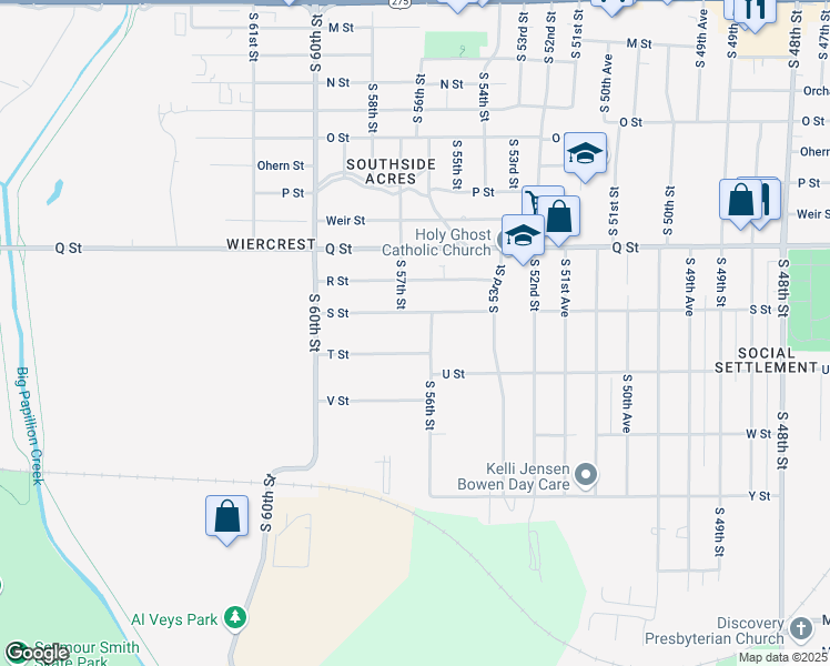 map of restaurants, bars, coffee shops, grocery stores, and more near 5330 South 57th Street in Omaha
