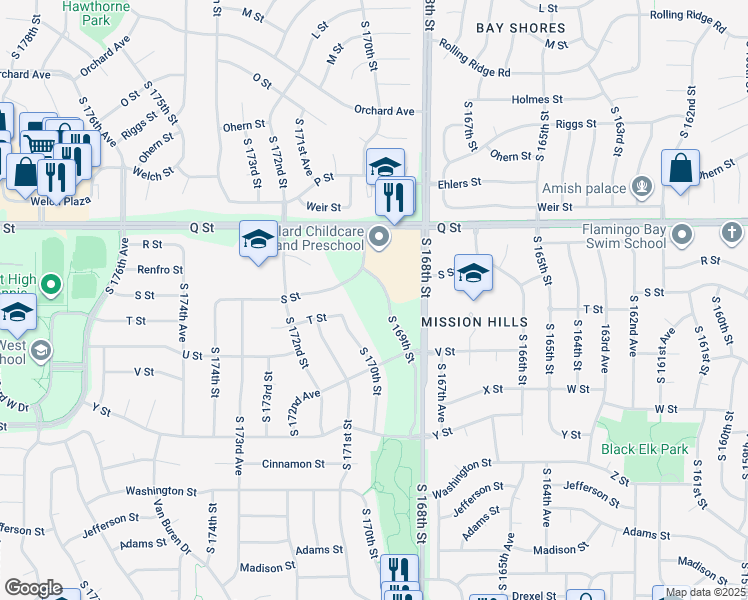 map of restaurants, bars, coffee shops, grocery stores, and more near 5404 South 169th Street in Omaha